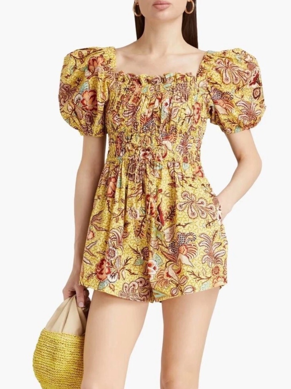 Ulla Johnson Yellow Floral Smocked Puff-Sleeve Romper with Paisley Print